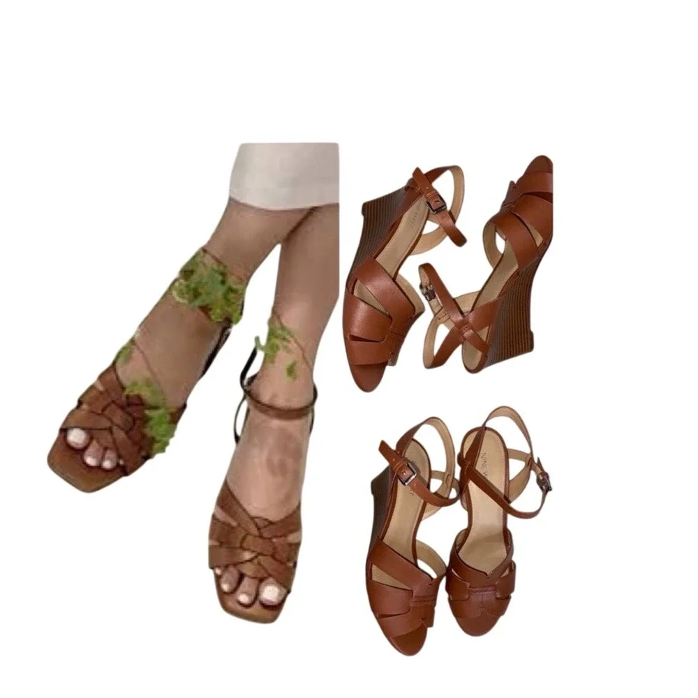 Nine‎ West Women 8 Janie Kitten Wedge Brown Rich Leather Luxury Cruise Resort